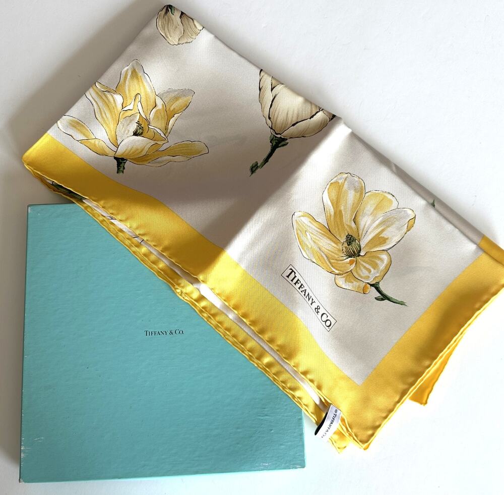 Tiffany & Co White Yellow Floral Silk Scarf with Box 34" Square